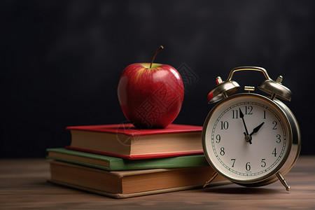 五大理念时间理念书桌上的闹钟书本苹果插画