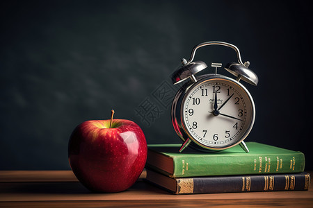 研发理念时间理念书桌上的闹钟书本苹果插画