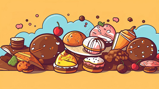 一堆水果和糕点手绘巧克力日插图插画