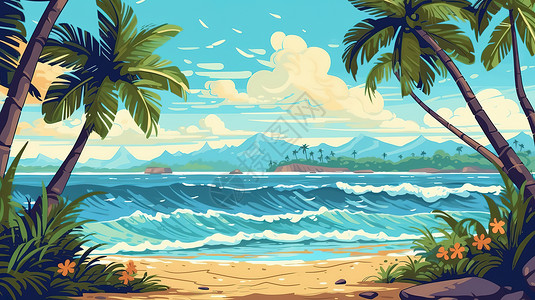 手绘夏季海滩插图背景图片