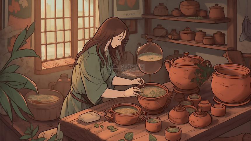 古代女子在研磨草药图片