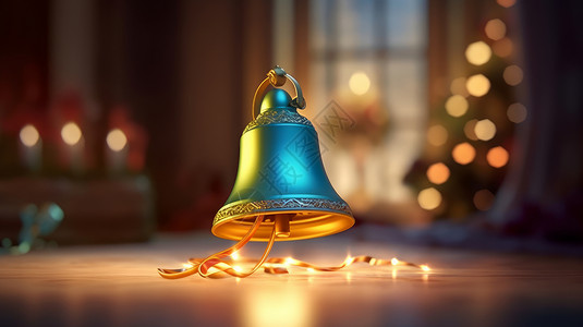 彩色圣诞装饰发光的蓝色金属立体小铃铛插画