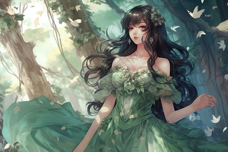 穿着漂亮裙子礼服的森林风美女漫画高清图片