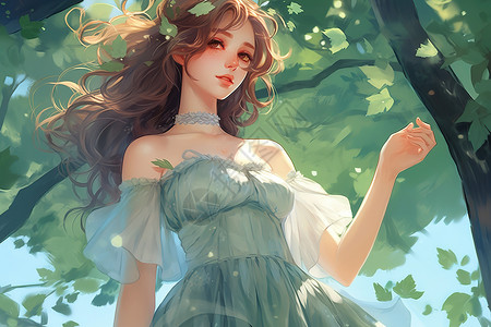 穿着漂亮裙子礼服的森林风美女漫画背景图片