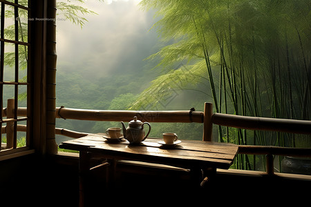 雨天迷雾竹林桌子上的茶具高清图片