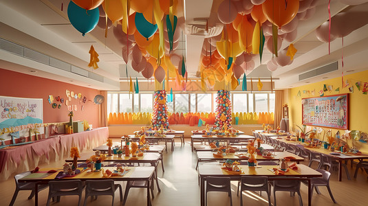 布置精美的餐桌儿童节布置的课堂气球零食插画