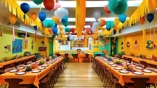 布置精美的餐桌儿童节布置的课堂气球零食插画