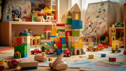 各种形状的原木色积木玩具积木各种玩具插画