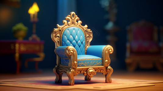 金色欧式花纹蓝色立体卡通欧式花纹单人沙发插画