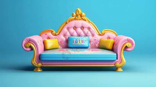 欧式立体花纹粉色蓝色风撞色卡通立体双人沙发插画