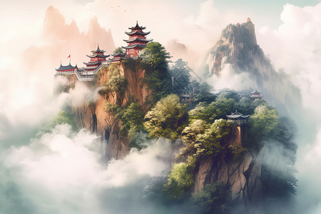 雾气环绕中国风水墨画泰山雾飘渺插画