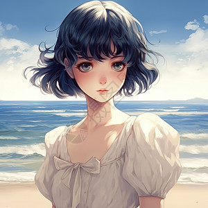 黑色沙滩海边度假的黑色短发女孩插画