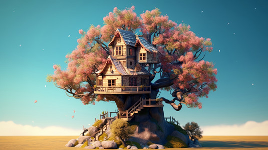 树上的房子超大粉色古树上的小木屋插画