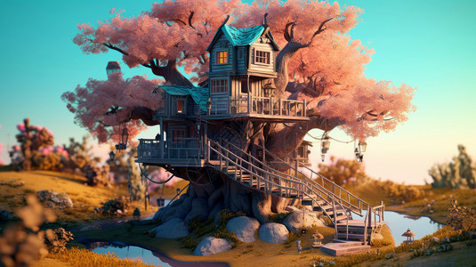 梦幻粉色楼梯带楼梯的小木屋在粉色古树上插画