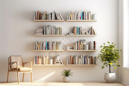 纯白墙现代简约开放式书架背景图片