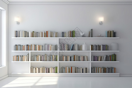 纯白墙现代简约开放式书架背景图片