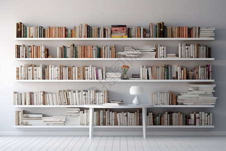 纯白墙现代简约开放式书架高清图片