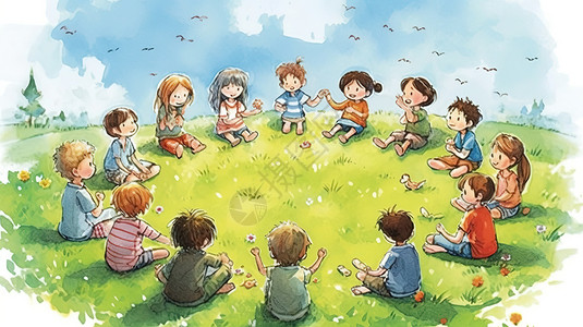 六一节目可爱的孩子围成一圈玩游戏插画插画