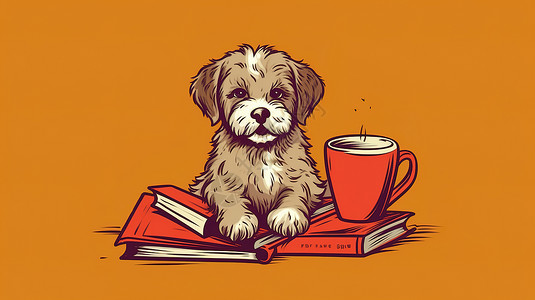 书堆里可爱的的小狗插图图片