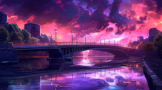 江建筑宁静的城市桥梁景观插画