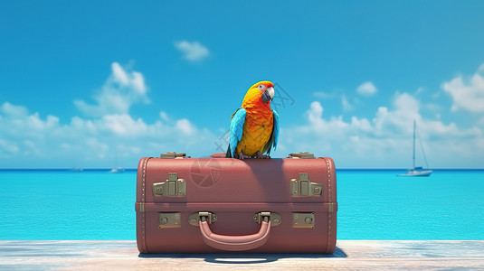 海边度假的可爱鹦鹉卡通插图背景图片