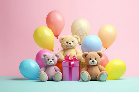 粉色背景儿童玩具泰迪熊气球背景图片