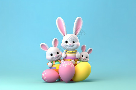 可爱小兔气球礼物蓝色背景儿童节背景图片
