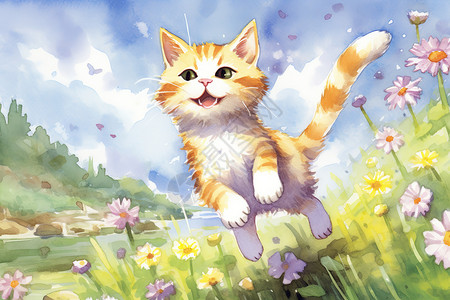 虎跳崖可爱的小猫咪跳跃扑蝴蝶油画插画