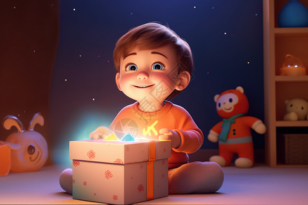 可爱的小男孩抱着发光的礼物盒背景图片