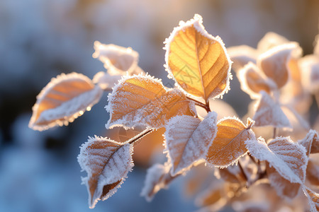 冬季树叶节气霜降树叶上的雪冬天插画