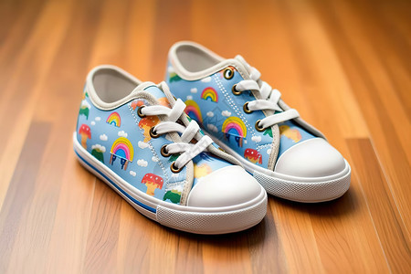 白鞋彩虹素材地板上儿童鞋子彩虹插画