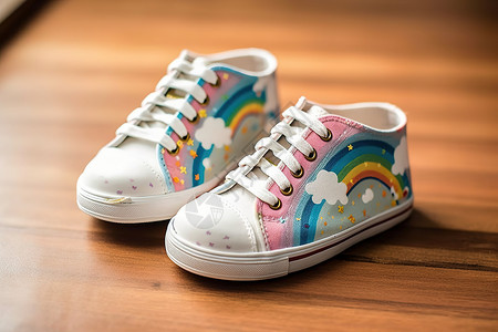 表色儿童鞋子地板上儿童鞋子彩虹插画