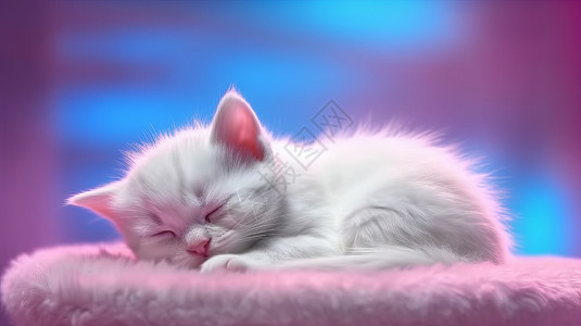 趴在毛茸垫子上睡觉的小白猫图片