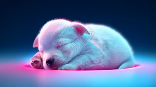 白色小奶狗在粉色霓虹光下睡着了图片
