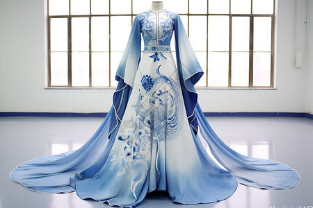 莫兰迪蓝中国汉服丝绸图片