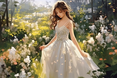 穿着婚纱女孩穿着婚纱的女孩美丽新娘油画插画
