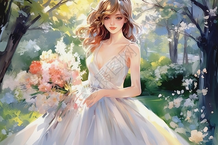 穿着婚纱的女孩美丽新娘油画高清图片