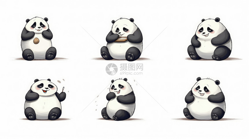 可爱的卡通熊猫六种动作图片