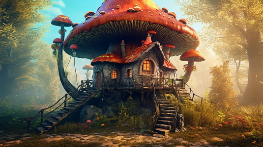 梦幻森林中卡通蘑菇屋图片