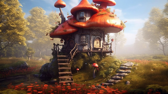 巨型梦幻红色卡通蘑菇屋图片