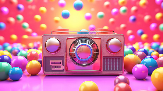 粉色复古收音机80年代录音机3D插图插画