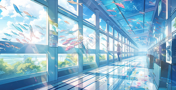 手绘走廊里漂浮的鱼群背景图片