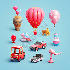 儿童玩具平铺3D汽车热气球游戏机背景图片