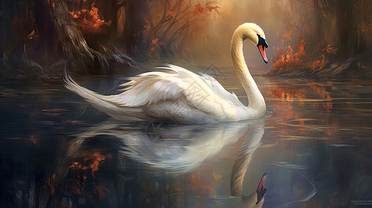 湖面上景色在湖面上的美丽的天鹅唯美景色插画