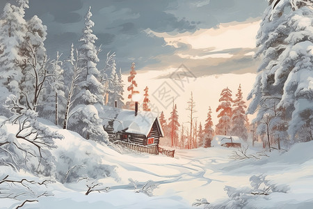 冬天森林积雪看日出油画图片