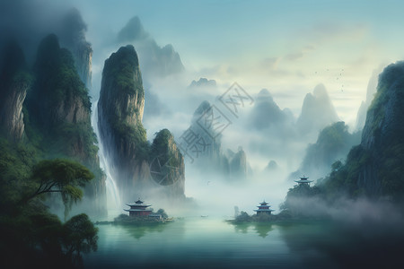 柔光模式山水画中国水墨画背景图片