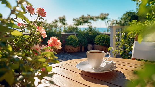 美丽的露台花园早晨咖啡高清图片