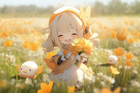 抱着花很开心快乐女孩背景图片