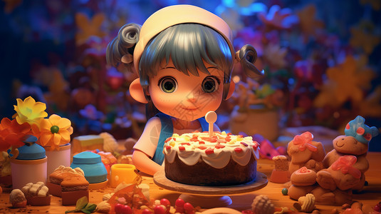 在做蛋糕的立体卡通小女孩背景图片