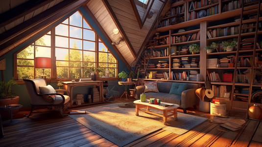 木沙发阳光照进满是书籍的木屋内插画
